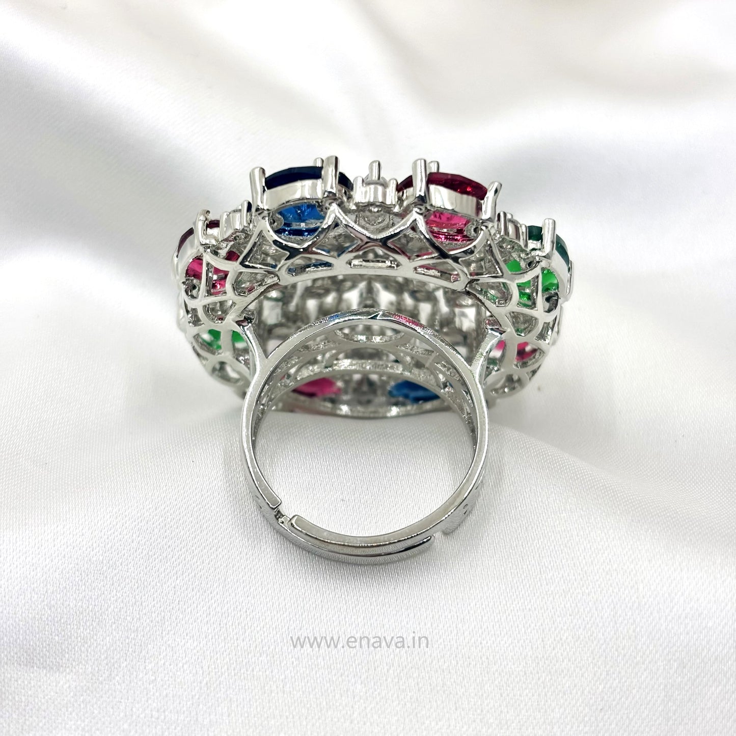 AD CZ Multi Color Stone Adjustable Finger Ring Round Rhodium Plating by Enava Ring Enava Jewels.