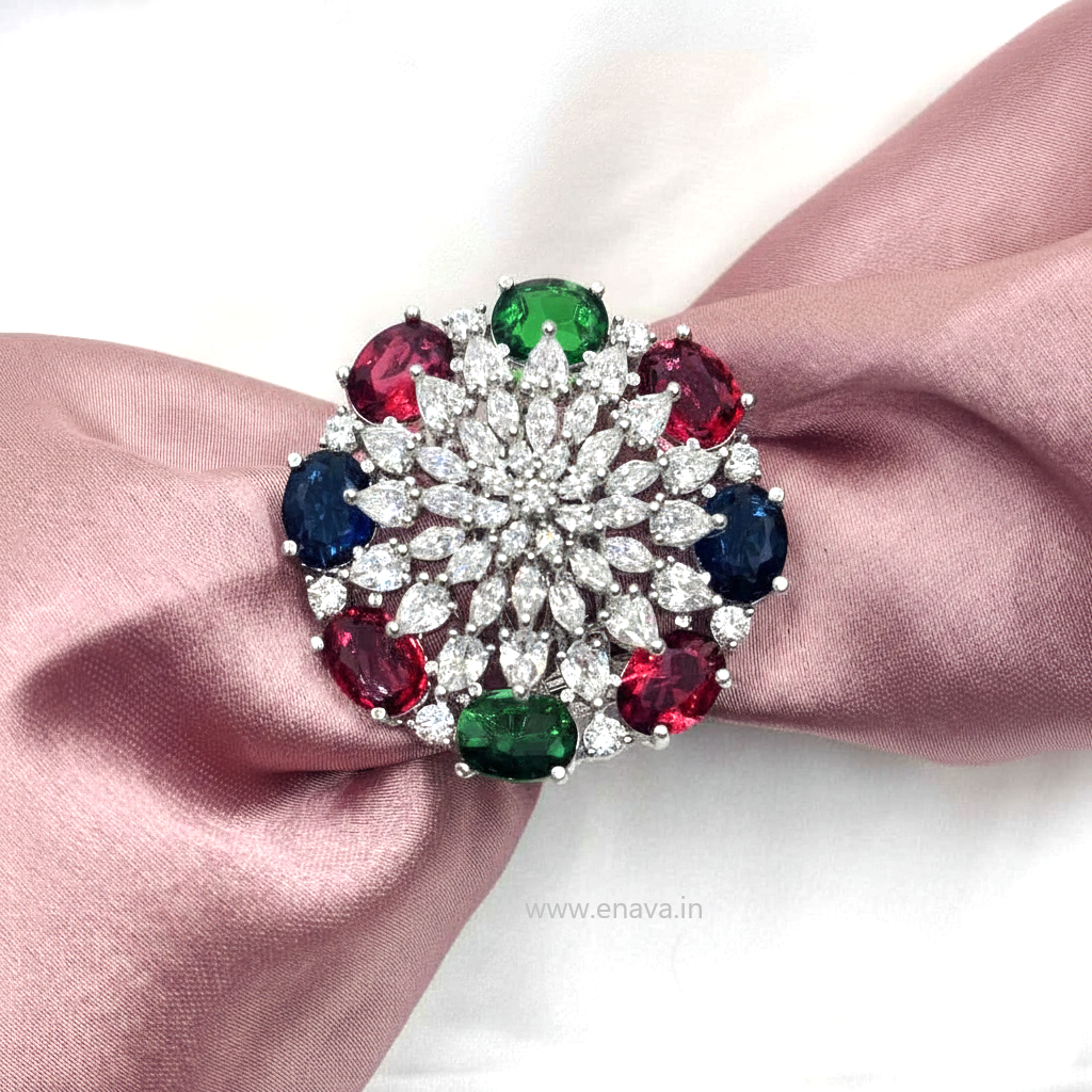 AD CZ Multi Color Stone Adjustable Finger Ring Round Rhodium Plating by Enava Ring Enava Jewels.