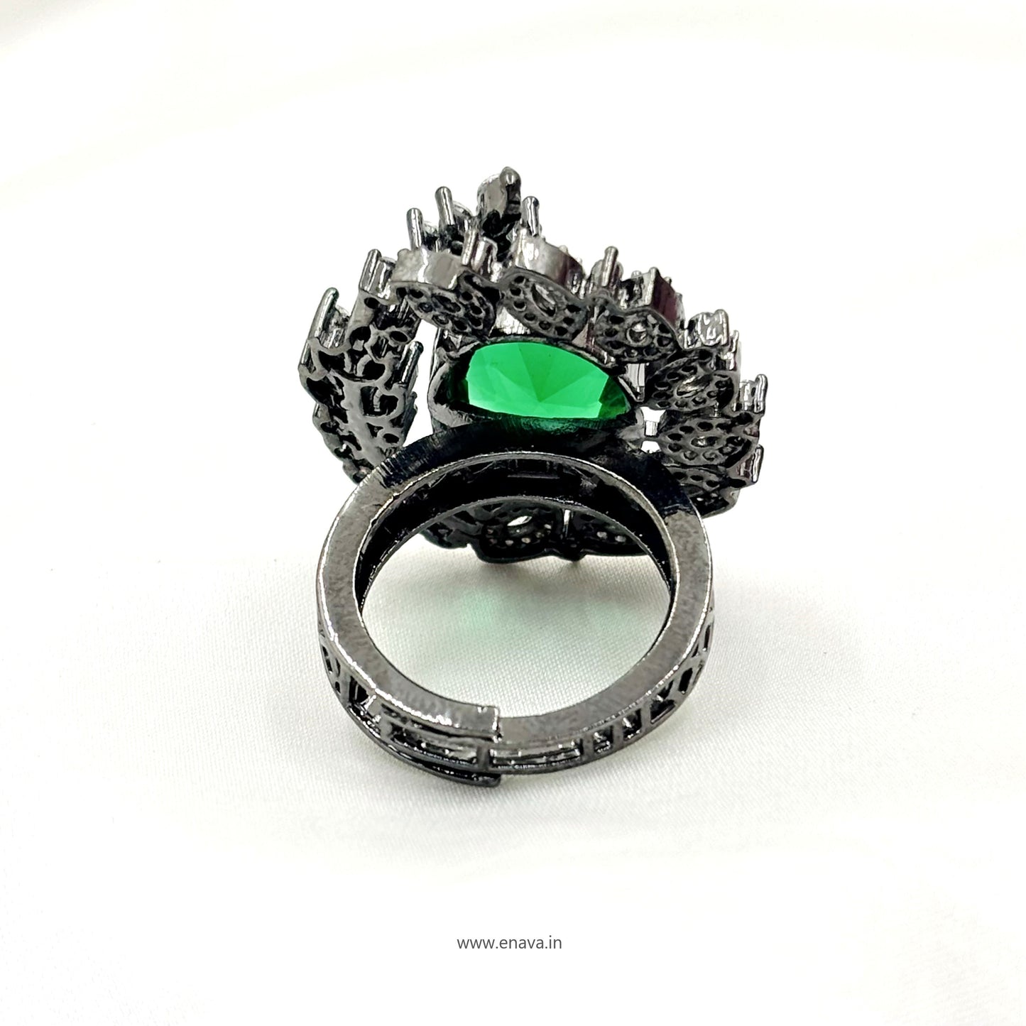Emerald Green Stone Adjustable Ring With Black Silver Finish By Enava Ring Enava Jewels.