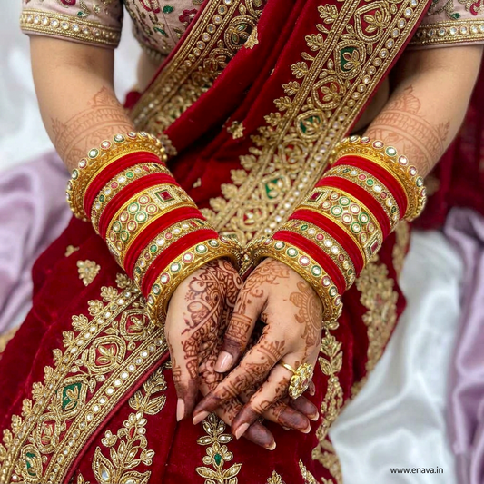 Bridal Set Kundan Stone Meenakari with Red Velvet Bangles by Enava