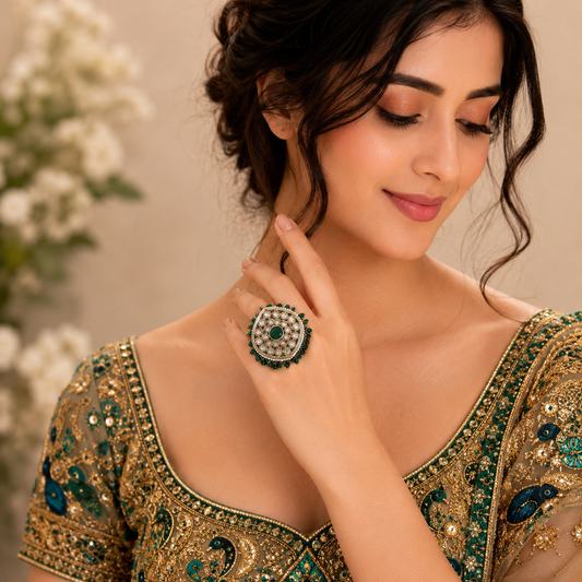 Emerald Noor Heritage Ethnic Ring by Enava featuring an adjustable antique gold statement ring with emerald green centre stone, Kundan-inspired white stones and emerald bead detailing, perfect for wedding, festive and traditional ethnic wear.