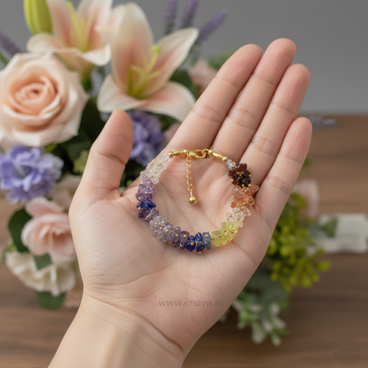 7 Chakra Chips Bracelet | Healing Crystal Chips for Reiki, Meditation, and Anxiety Relief | Amethyst, Lapis Lazuli, Sodalite, Green Aventurine, Tiger Eye, Carnelian, and Red Jasper by Enava Gems