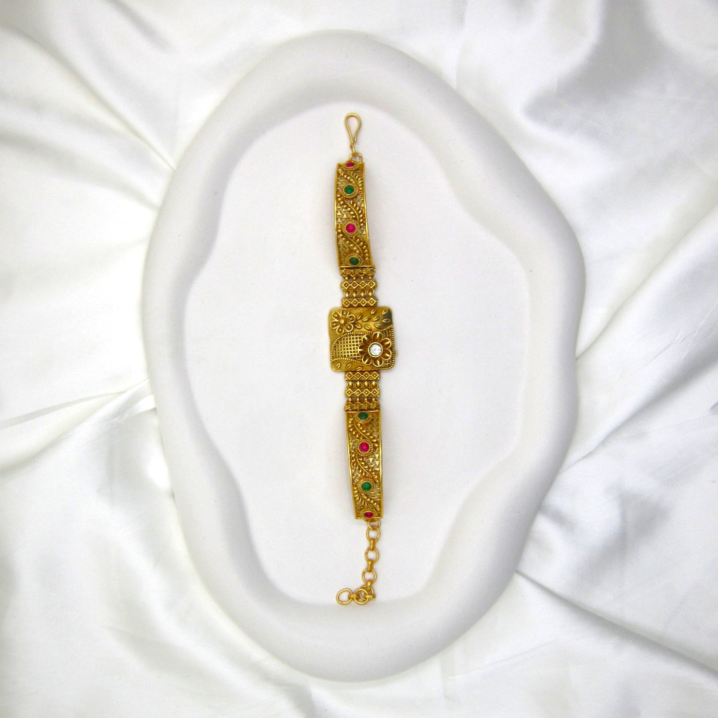 Floral Petals Ethnic & Traditional Rajwadi Antique Bracelet by ENAVA featuring intricate floral motifs, antique gold finish, colourful stone accents, and traditional Rajwadi craftsmanship, elegant ethnic bracelet for weddings, festivals, Mehendi, Haldi, and special occasions.