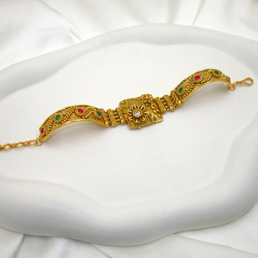 Floral Petals Ethnic & Traditional Rajwadi Antique Bracelet by ENAVA featuring intricate floral motifs, antique gold finish, colourful stone accents, and traditional Rajwadi craftsmanship, elegant ethnic bracelet for weddings, festivals, Mehendi, Haldi, and special occasions.