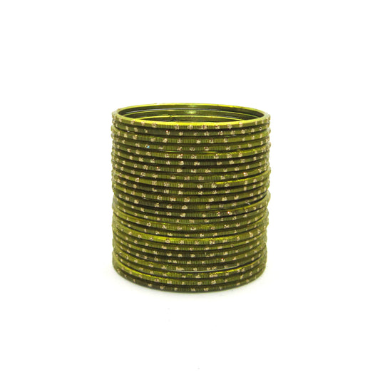 Glitter Mehendi Metal 24 Bangles by ENAVA – Mehendi Green Plain Designer Aluminum Bangles Set with Glitter Detailing and Smooth Finish, Traditional Festive Bangles for Women, 24 Bangles Pack
