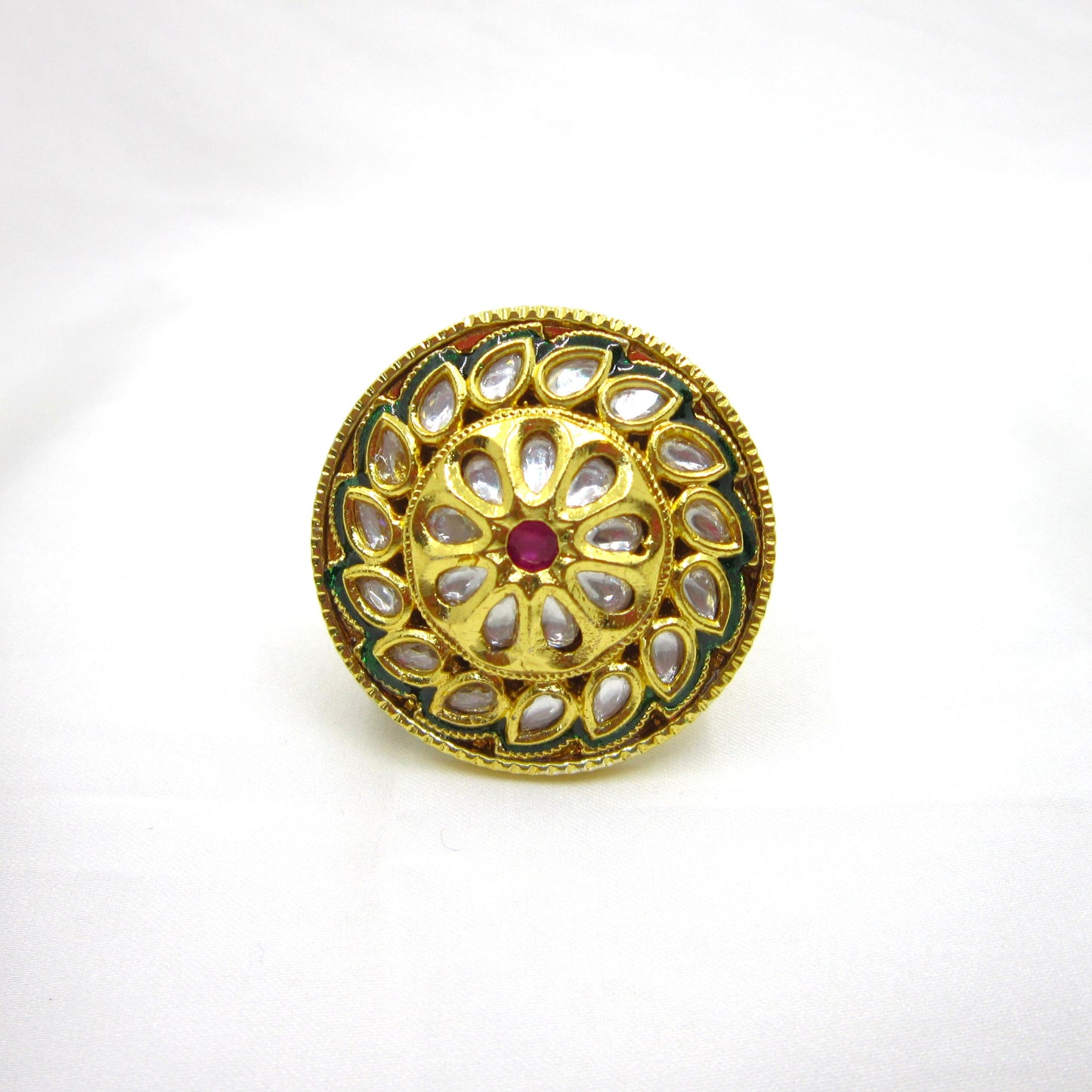 Green Meenakari Heritage Kundan Gold Ring by Enava featuring traditional teardrop Kundan stones, intricate green meenakari detailing, ruby-inspired centre stone, high gold finish, adjustable ethnic statement ring for weddings, festive wear, and traditional Indian jewellery.