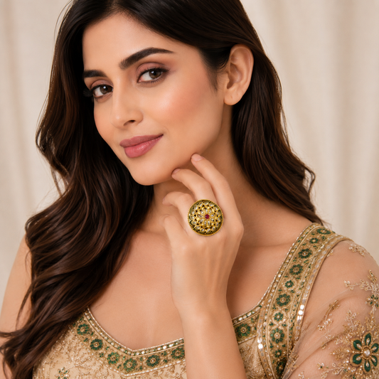 Green Meenakari Heritage Kundan Gold Ring by Enava featuring traditional teardrop Kundan stones, intricate green meenakari detailing, ruby-inspired centre stone, high gold finish, adjustable ethnic statement ring for weddings, festive wear, and traditional Indian jewellery.
