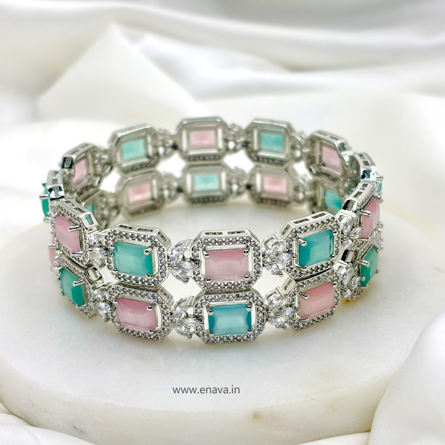 Mint Pink Riva CZ Stone Bangles with Rhodium Plating ADBG11003 by Enava