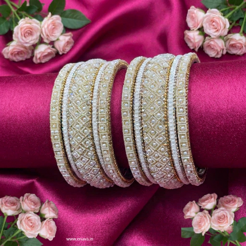 Ivory Pearl Golden Cream Designer Bangle Set by Enava