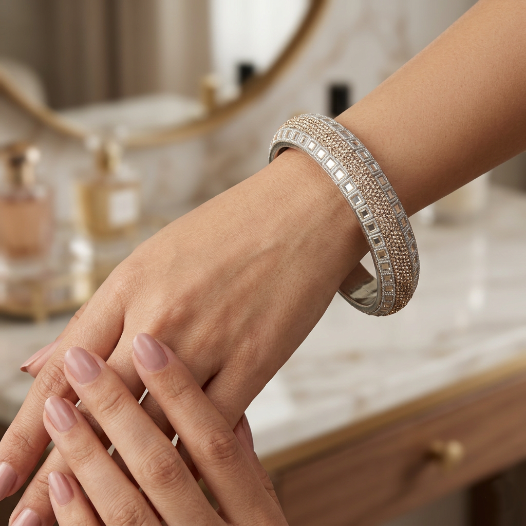 Ivory White Pearl & Kundan Stone Kada Bangles by Enava