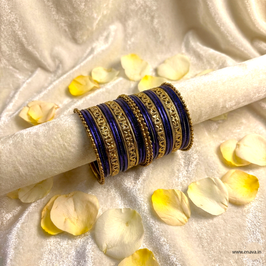 Kids Antique Gold & Dark Blue Color Metal Bangle Set