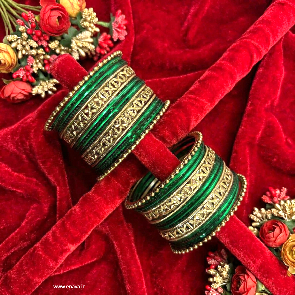 Kids Antique Gold & Green Color Metal Bangle Set