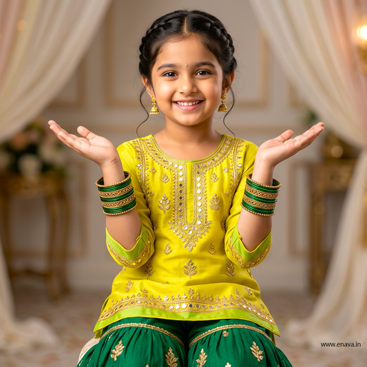 Kids Antique Gold & Green Color Metal Bangle Set