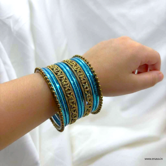 Kids Antique Gold & Light Blue Color Metal Bangle Set