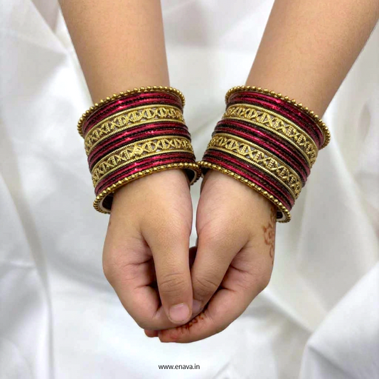 Kids Antique Gold & Maroon Color Metal Bangle Set