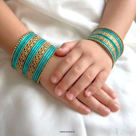 Kids Antique Gold & Peacock Green Color Metal Bangle Set