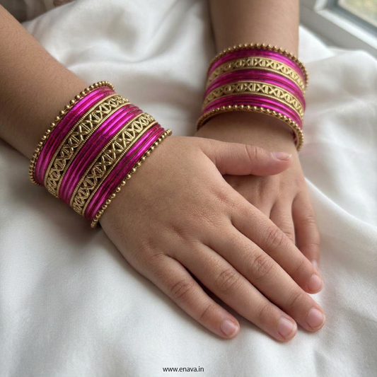 Kids Antique Gold & Pink Color Metal Bangle Set