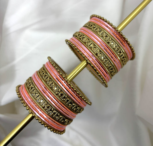 Kids Antique Gold & Peach Color Metal Bangle Set by Enava