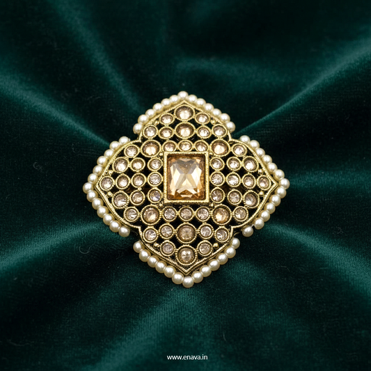 Kundan Pearl Antique Gold Big Size Ring by Enava Ring Enava Jewels.