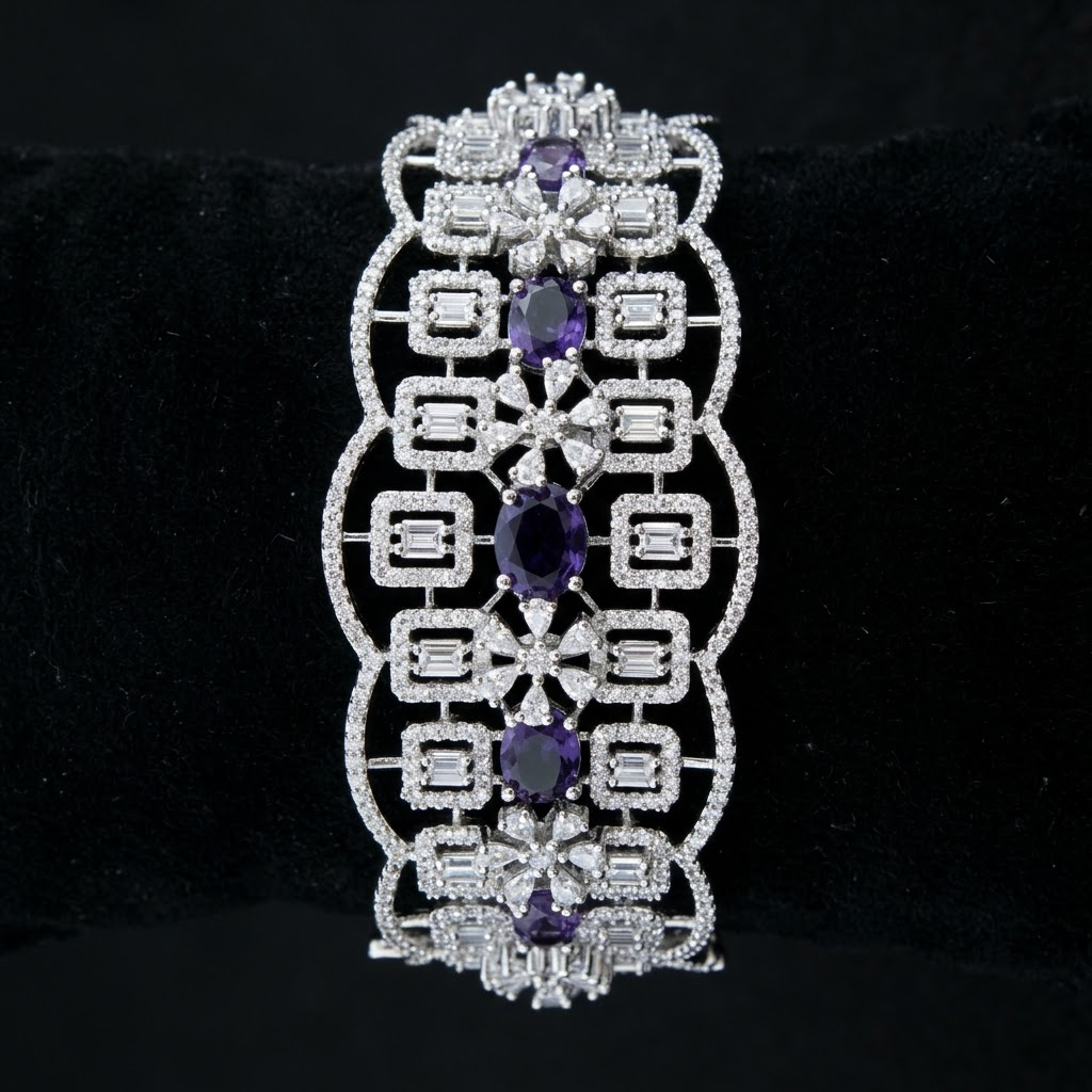 Midnight Azure AD Designer Bracelet by Enava with dark blue AD stones, broad designer bracelet for women