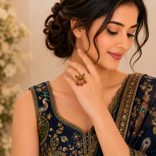 Morpankh Heritage Peacock Antique Statement Ring by Enava with antique gold finish, dual peacock motif, textured heritage dome, pink crystal bead danglers, adjustable ethnic statement ring for wedding, festive and traditional wear.