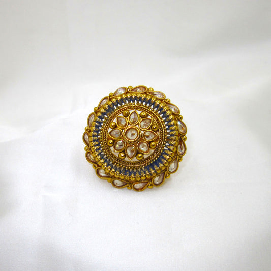 Neelam Ethnic & Traditional Antique Finish Ring by Enava featuring white kundan stones, blue enamel detailing, and antique gold finish in a Rajwadi-inspired floral statement design for ethnic and festive wear.