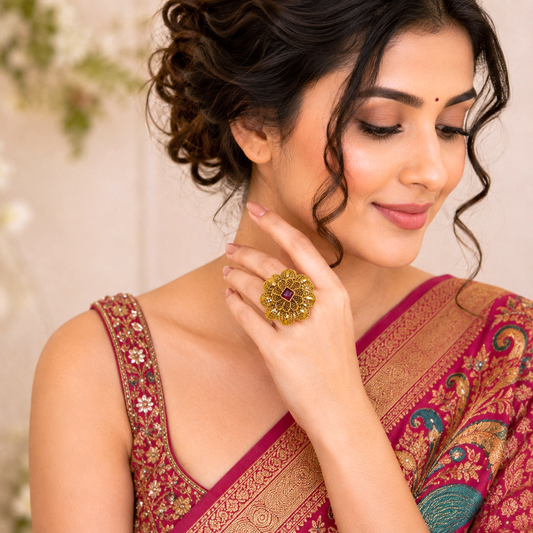 Padmika Heritage Antique Golden Finish Ethnic Ring by Enava featuring an adjustable antique gold floral statement ring with intricate filigree detailing and a ruby red centre stone, ideal for wedding jewellery, festive wear and traditional ethnic outfits.