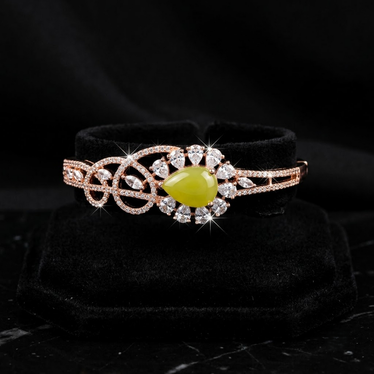 Pastel Bloom Yellow AD Bracelet with yellow drop-shaped center stone and sparkling American Diamond AD detailing, elegant designer bracelet for women by ENAVA.