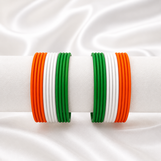 Pride of India Matte Metal Bangles by Enava featuring premium saffron, white, and green tricolour matte finish aluminium bangles, lightweight 24 bangle set for Independence Day, Republic Day, patriotic celebrations, ethnic wear, and festive styling.
