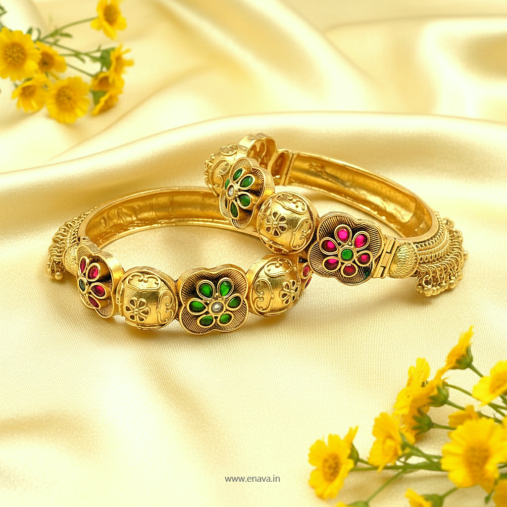 Rajwadi Ghungroo Flower Design Antique Gold Plated Bangles By Enava Bangle Enava Jewels.