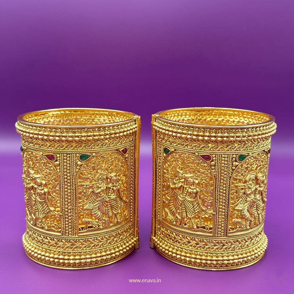 Temple Rajwadi Radha Krishna Patla Kada Gold Plated Bangles By Enava Bangle Enava Jewels.