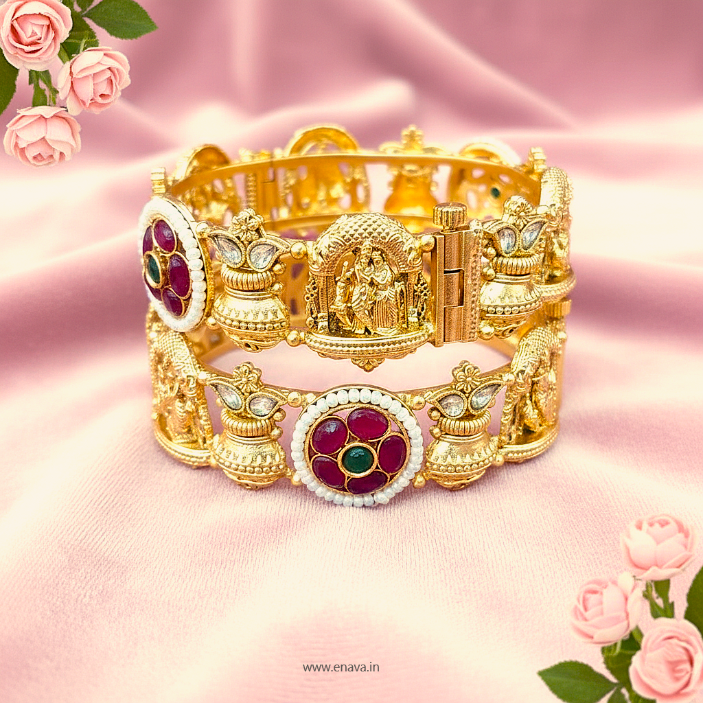 Rajwadi Radha Krishna Kalash Pearl Ruby Stone Bangles By Enava Bangle Enava Jewels.