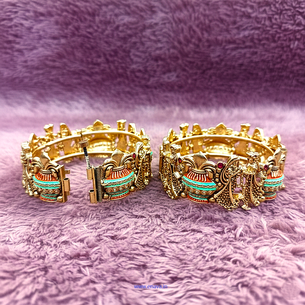 Rajwadi Varmala Kalash Enamel Antique Gold Bangles by Enava Bangle Enava Jewels.