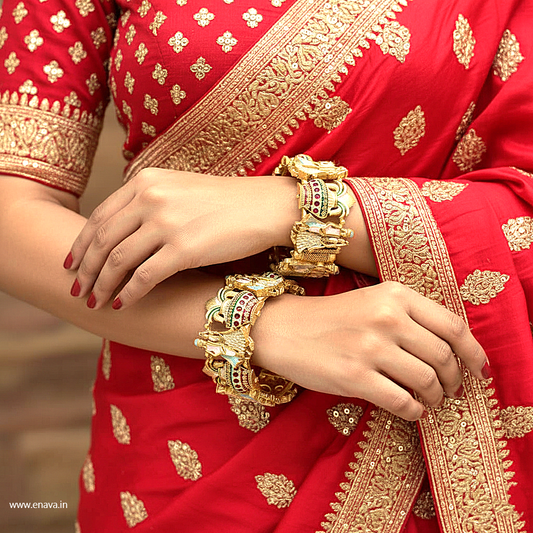 Rajwadi Dulha Dulhan Kalash Enamel Gold Plated Bangles by Enava Bangle Enava Jewels.