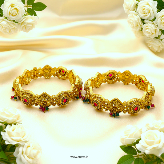 Rajwadi Ruby Green Stones Ghungaru Kundan Gold Plated Bangles by Enava Bangle Enava Jewels.