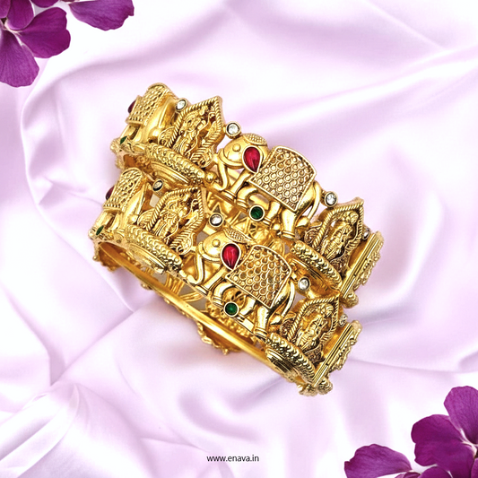 Rajwadi Temple Shri Ram & Hathi Stones Gold Plated Bangles by Enava