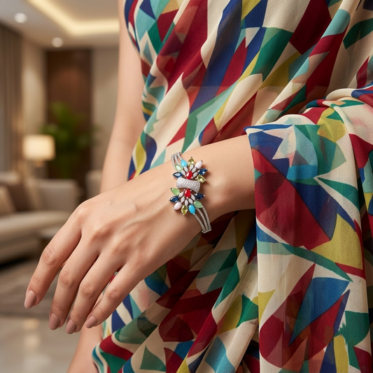 Rang Noor Multicolor Bracelet with colorful American Diamond AD stone flower designs, vibrant designer bracelet for women by ENAVA.
