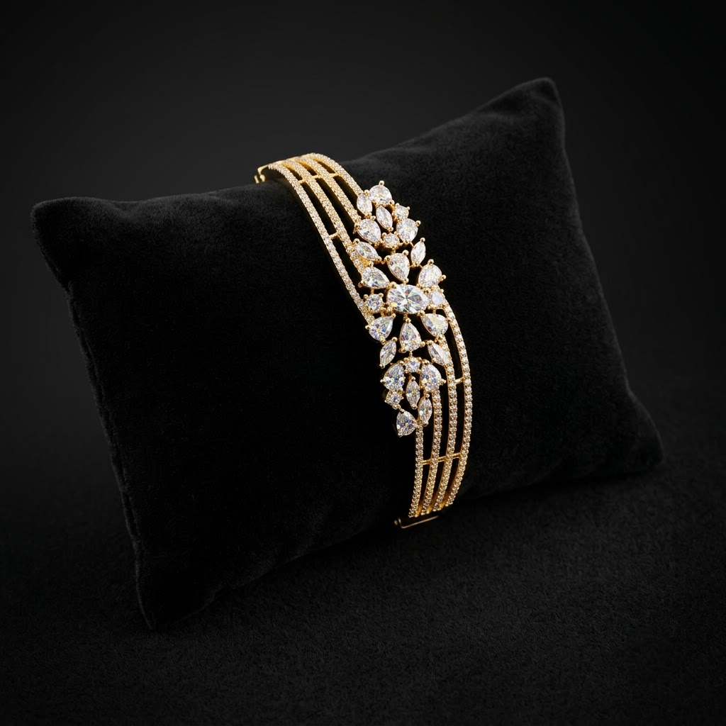 Rosaline AD Designer Bracelet with floral arrangement of sparkling American Diamond stones, marquise AD detailing and gold-tone finish, elegant bracelet for women by ENAVA.