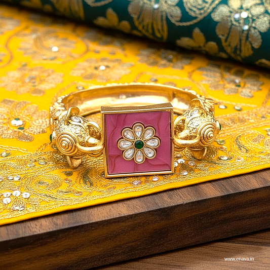 Royal Rajwadi Kundan Pink Enamel Gold Plated Kada by Enava