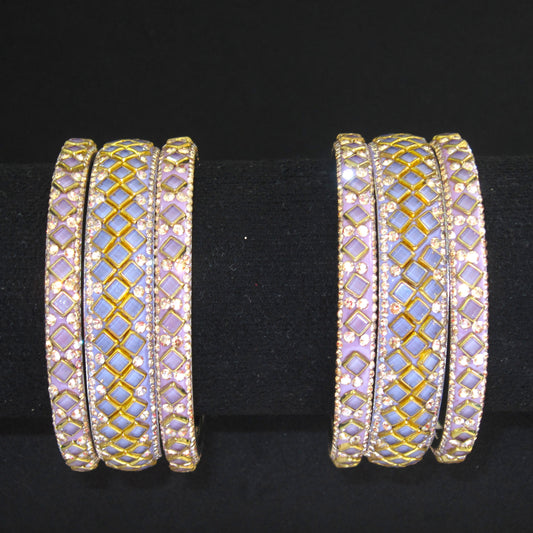 Sitara Light Purple Festive Bangle Set with 2 kada bangles and 4 side bangles featuring light purple detailing, golden latticework and sparkling stones by ENAVA
