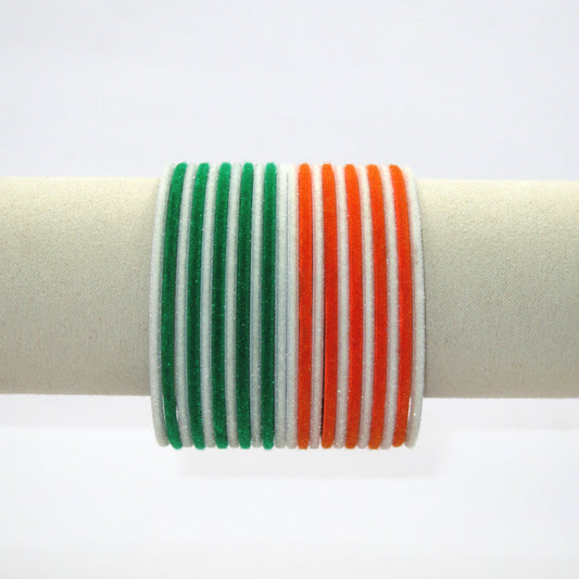 Eternal Tiranga Glossy Metal Bangles by Enava featuring a premium set of 24 glossy aluminum bangles in saffron, white, and green tricolor combination for Independence Day celebrations, patriotic events, cultural programs, festive occasions, and traditional ethnic wear.
