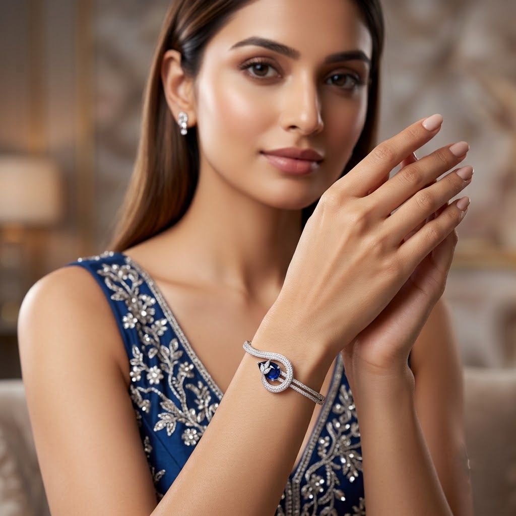 Victorian Blue Diamond AD Bracelet with large blue American Diamond center stone and sparkling AD detailing, elegant royal-inspired designer bracelet for women by ENAVA.