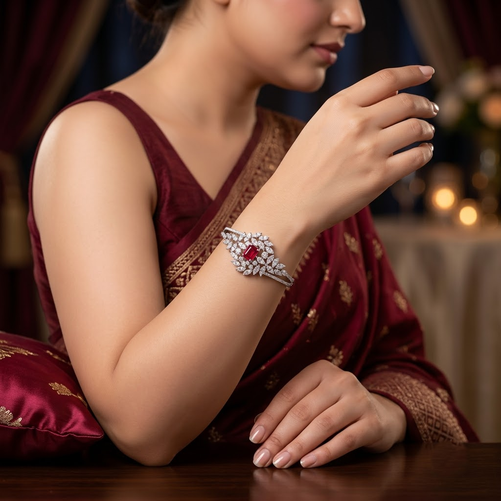 Vineyard Bloom AD Bracelet with large wine-colored center stone and sparkling American Diamond AD detailing, elegant designer bracelet for women by ENAVA.