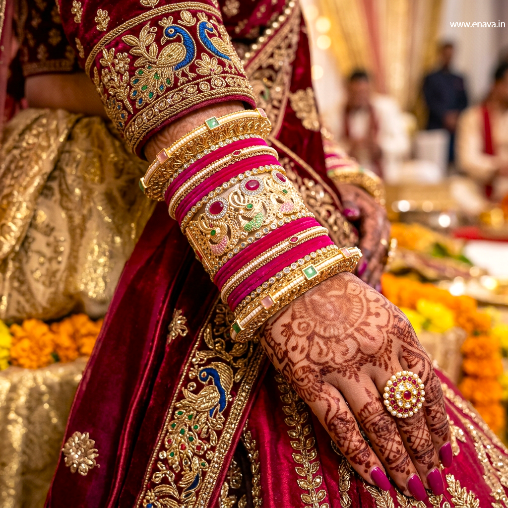 Wedding Rajwadi Stone Meenakari Peacock Pearl Pacheli Set with Velvet Bangles by Enava