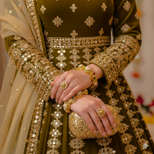 Rajwadi Red Green Stone Enamel Kundan Gold Plated Bangles by Enava