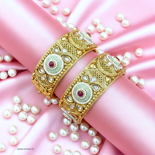 Rajwadi Pearls with Mint Green Enamel Kada Bangles by Enava