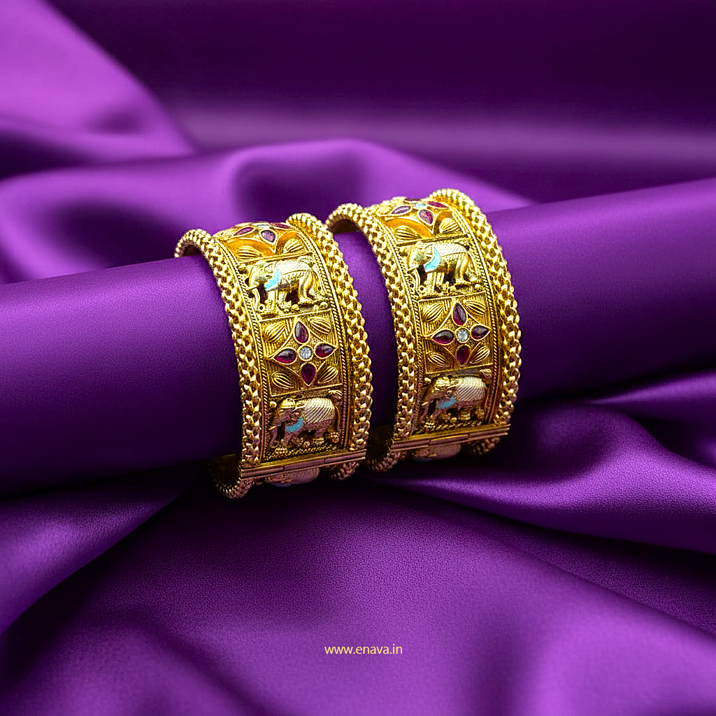 Rajwadi Kundan & Royal Hathi Knitted Edges Bangles by Enava
