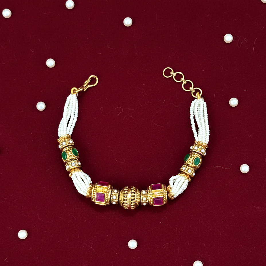 Golden White Antique Pearl Adjustable Bracelet with Gold Plating By Enava