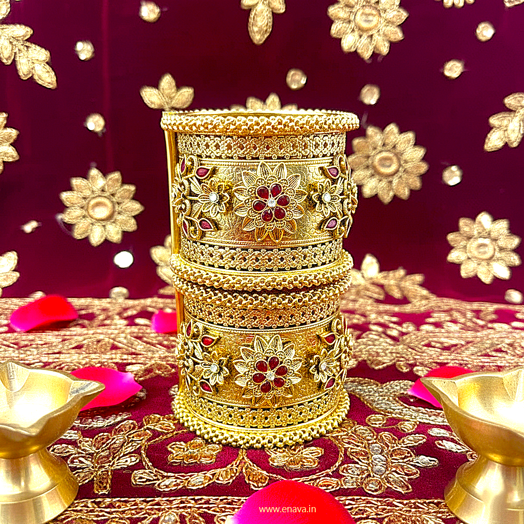 Rajwadi Floral Ruby Heritage Kada Bangles by Enava