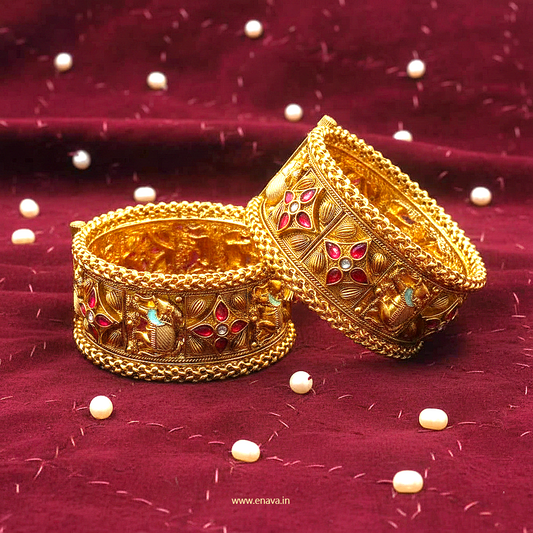 Rajwadi Kundan & Royal Hathi Knitted Edges Bangles by Enava